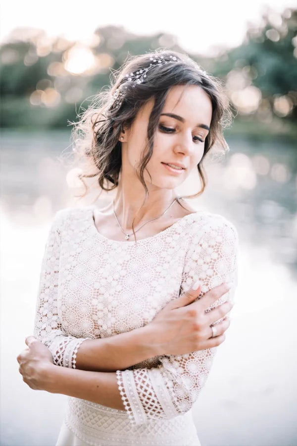 Top Lace Short Sleeve Boat Neck Rustic Wedding Dress Bridal Gown